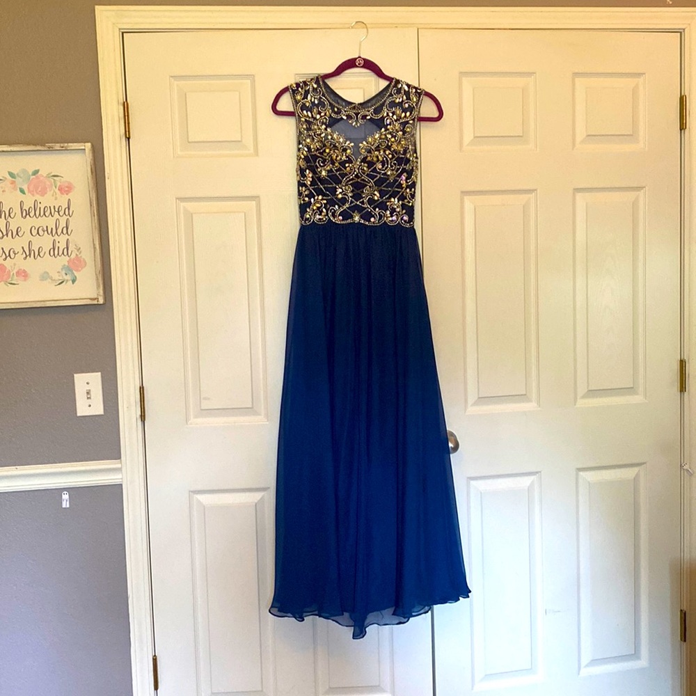 Dark blue heart back Nina Canacci prom dress size 2